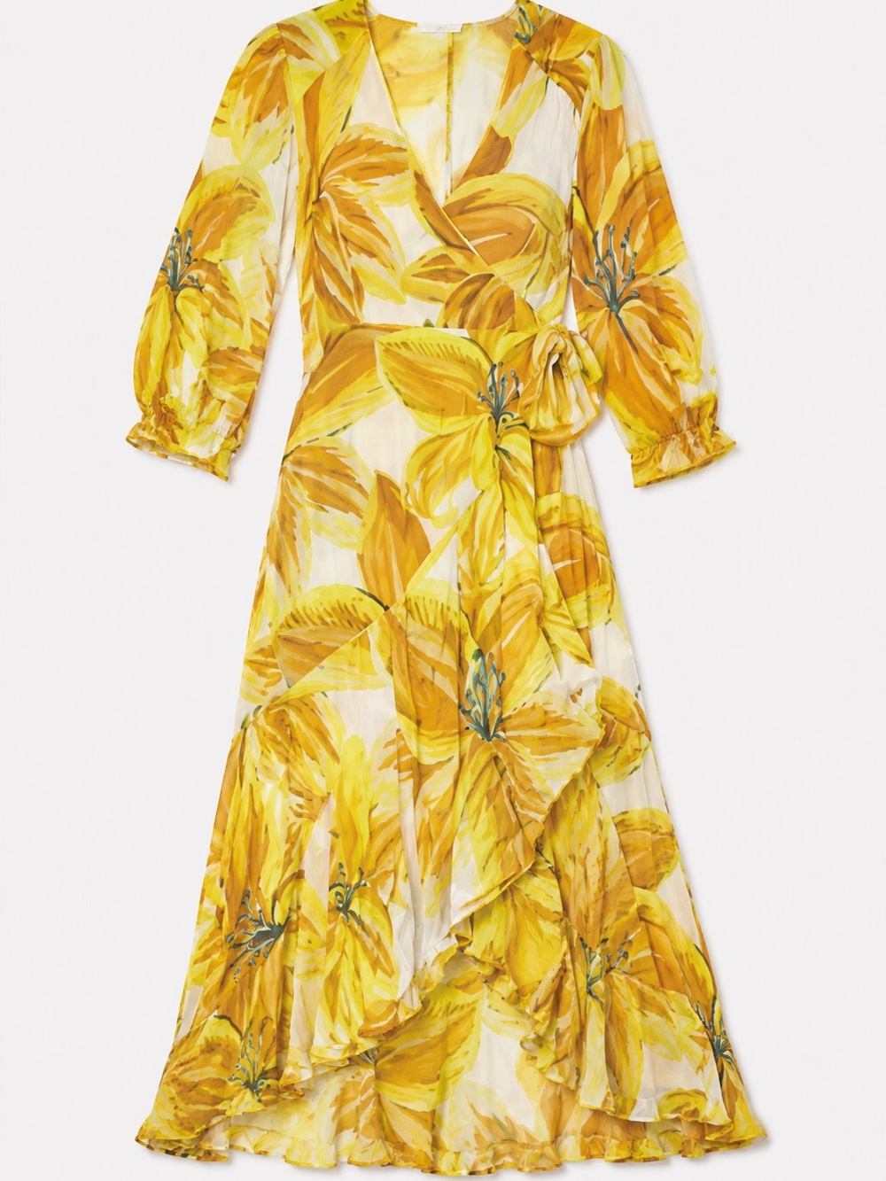 Farm Rio Yellow Tropical Floral Wrap Midi Dress XS Boho Resort Vacation - Picture 3 of 7